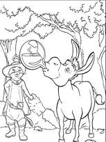 coloriage le chat botte regarde l ane de shrek boire une boisson